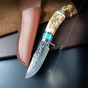 Damaskus geschmiedetes Stahl Camping kleines gerades Messer Geweihgriff Messer – Bild 7