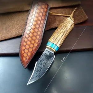 Damaskus geschmiedetes Stahl Camping kleines gerades Messer Geweihgriff Messer – Bild 3