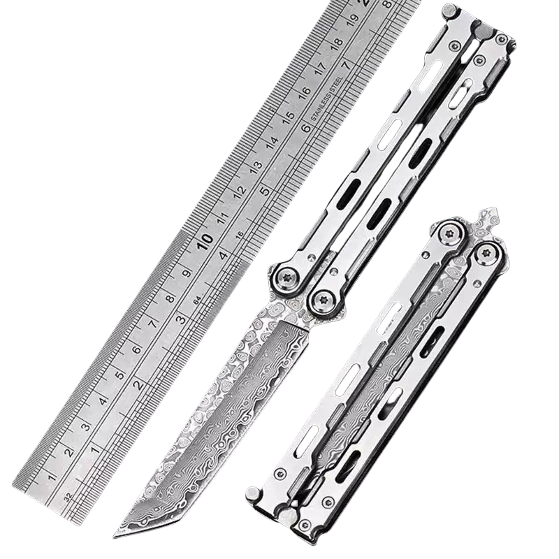 j-1.png Damascus Balisong Ganzstahl-Trainingsmesser, ungeschrft,Butterfly trainer – Bild 1