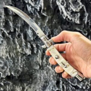 9 Zoll Springmesser aus weißem Muschelharz mit gebogener Klinge, Stiletto-Springmesser